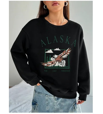 Women Basic Casual Pullover Spring Autumn Long Sleeve Alaskan Eagle Round Neck